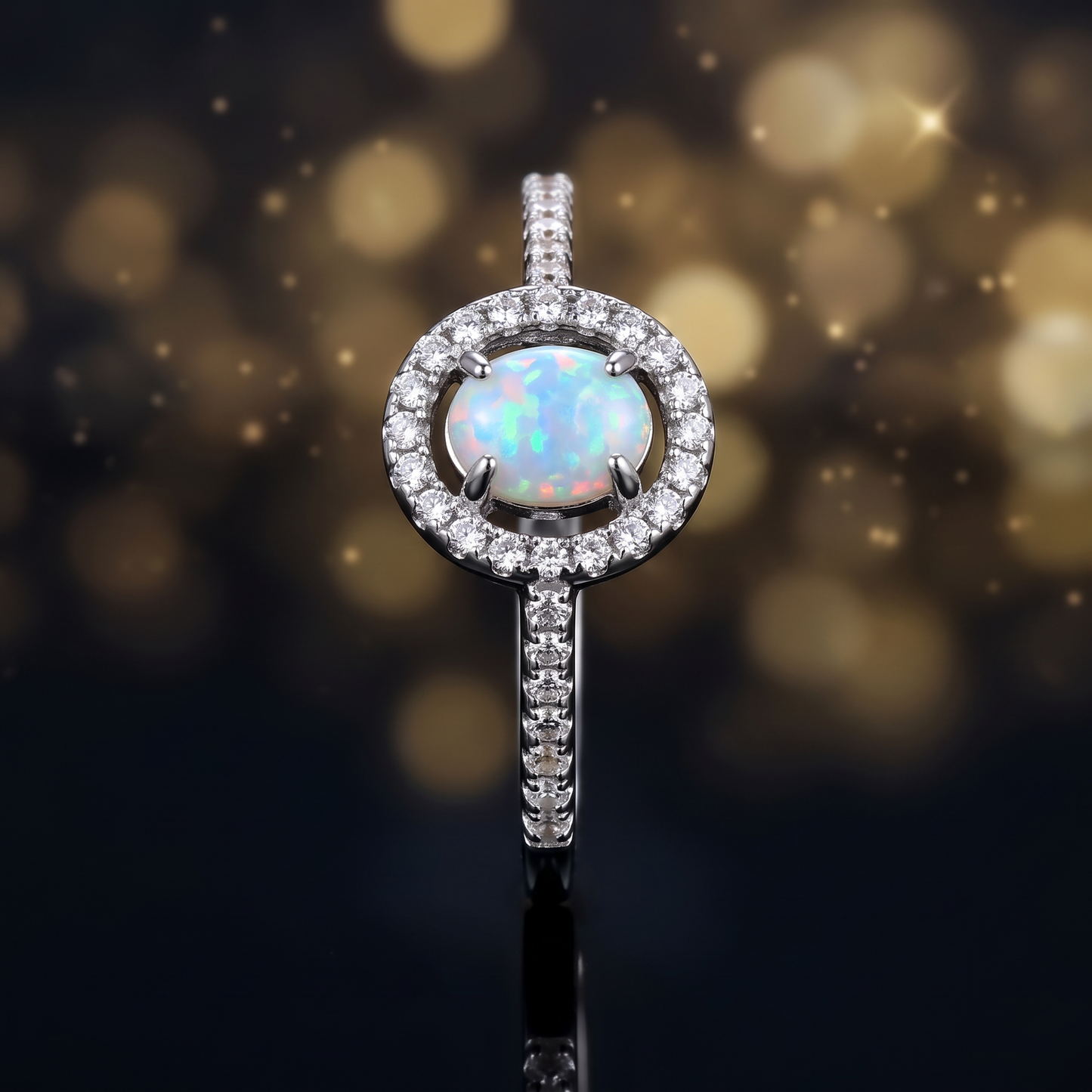 Sterling Silver White Lab Opal and Clear CZ Oval Halo Ring close-up