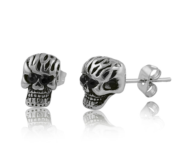 Stainless Steel Black Cz Girls Biker Skull Stud Earrings