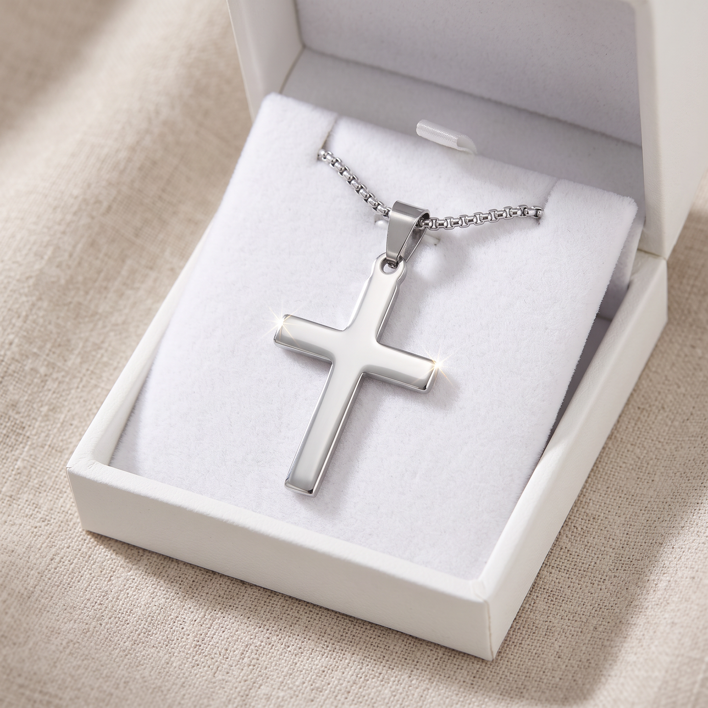 Hypoallergenic Stainless Steel Traditional Cross Necklace, 2.5mm Box Chain in a white gift box, ready to give