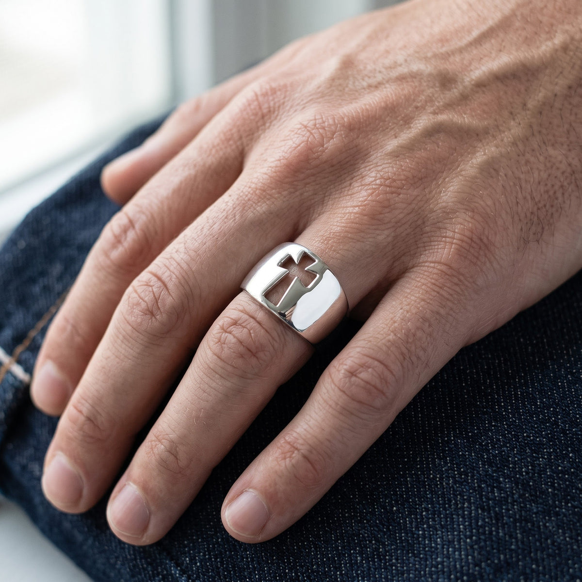 Women's Sterling Silver Cross Cut-Out Ring, 12mm Band worn, lifestyle photo