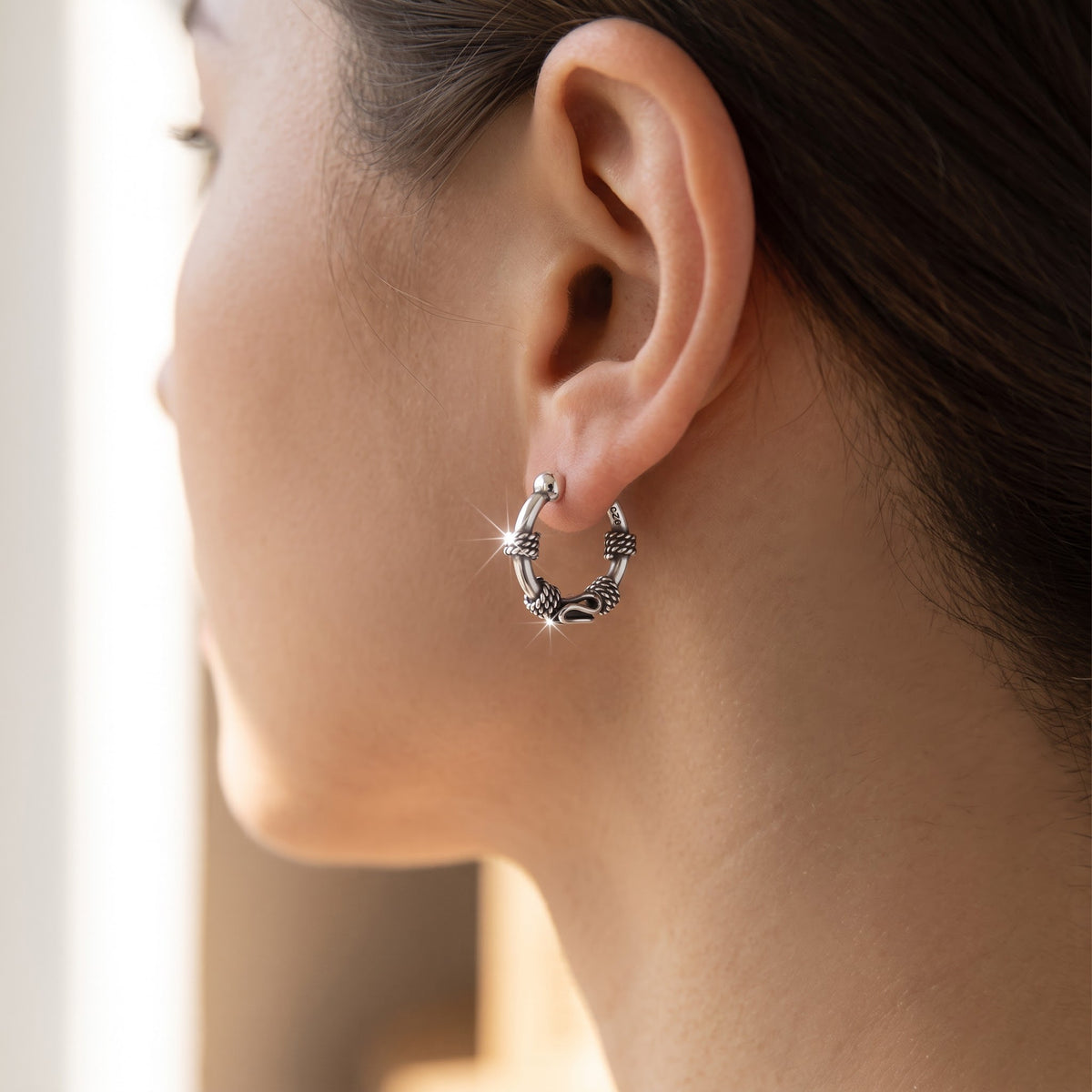 Sterling Silver Faux Septum Nose Ring, Non-Piercing Clip-On Septum Hoop Earrings worn, lifestyle photo
