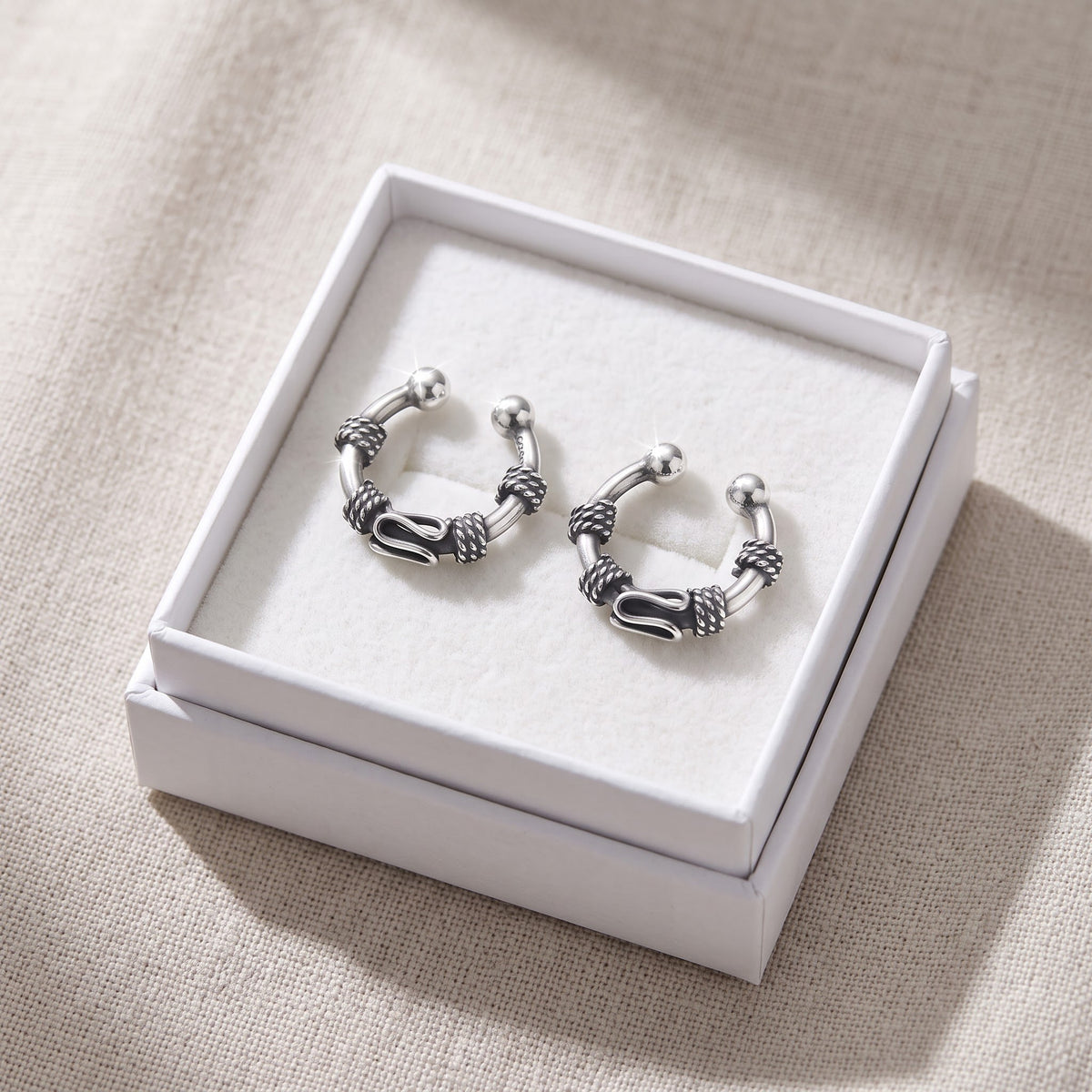 Sterling Silver Faux Septum Nose Ring, Non-Piercing Clip-On Septum Hoop Earrings in a white gift box, ready to give