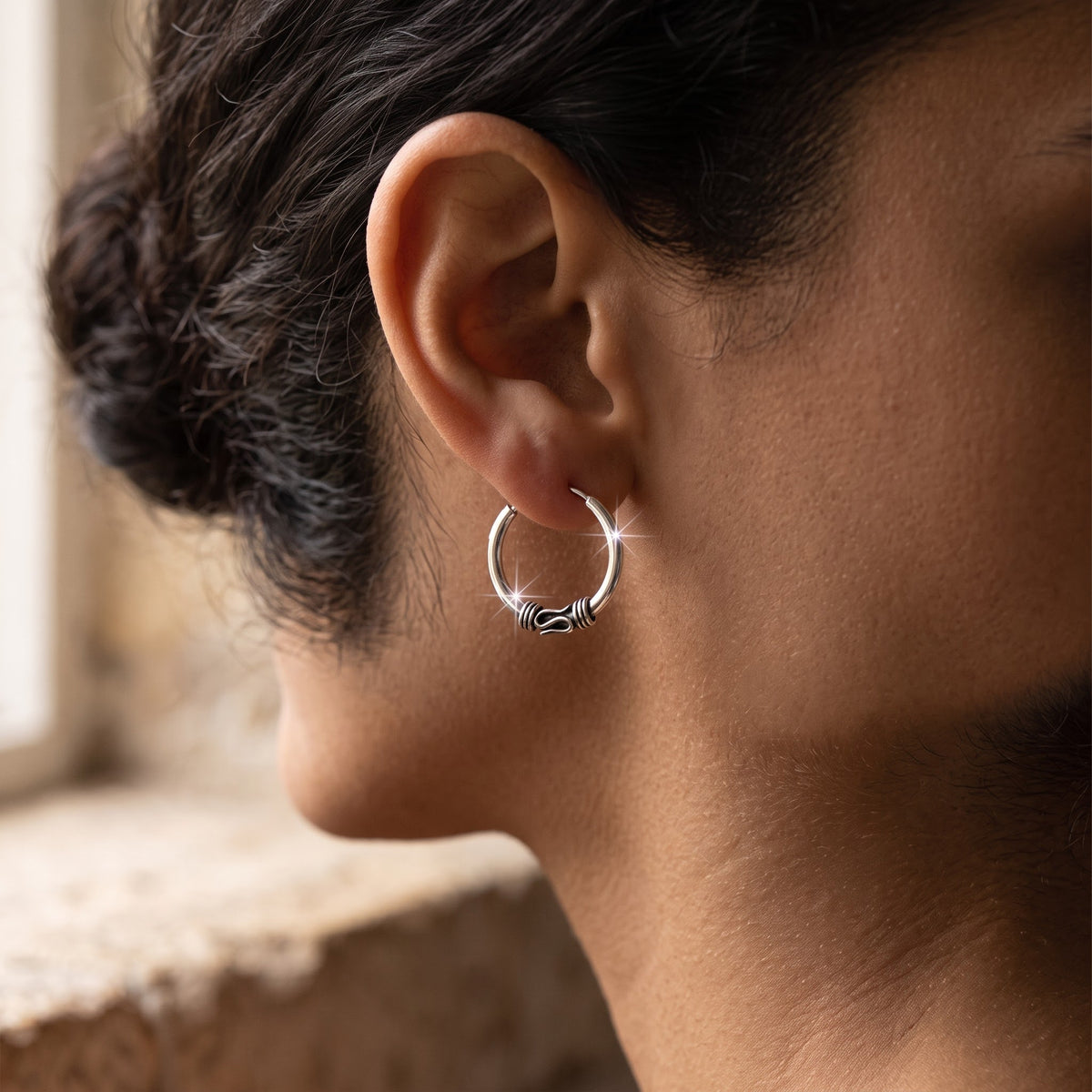 Sterling Silver Girls Small Bali Hoop Earrings, 16mm worn, lifestyle photo
