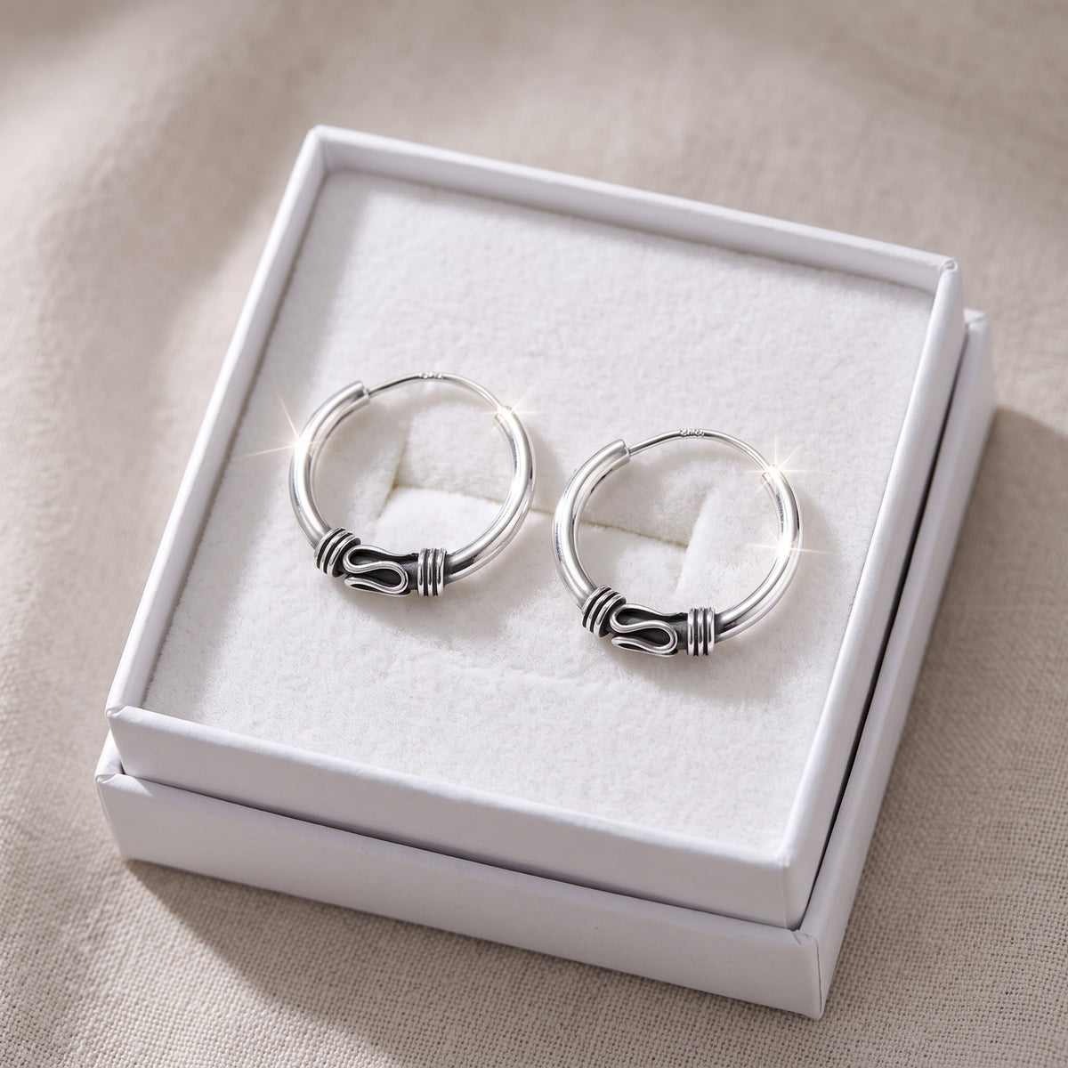 Sterling Silver Girls Small Bali Hoop Earrings, 16mm in a white gift box, ready to give