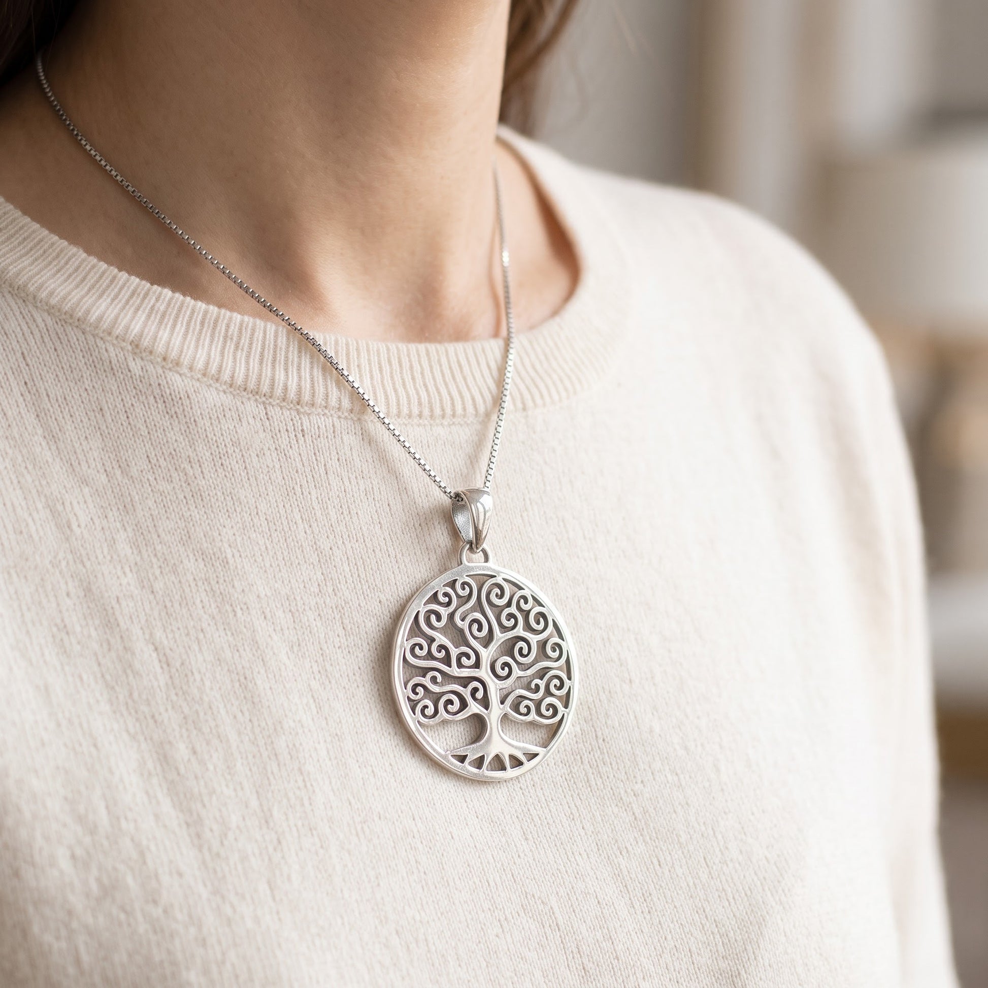 Sterling Silver Big Celtic Tree of Life Necklace worn, lifestyle photo