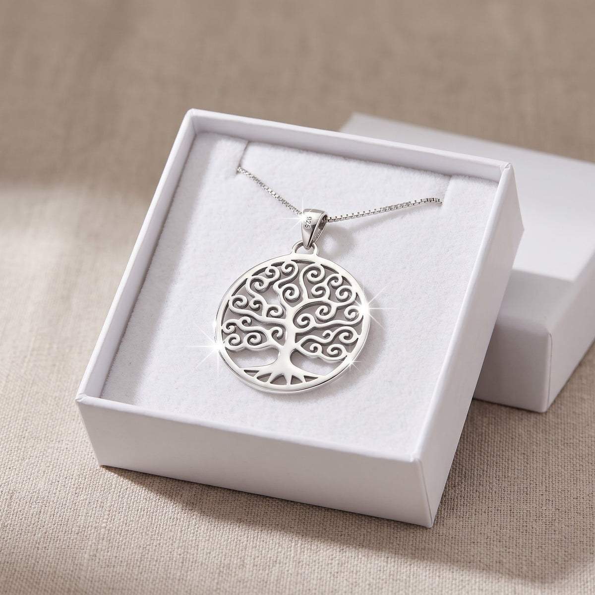 Sterling Silver Big Celtic Tree of Life Necklace in a white gift box, ready to give