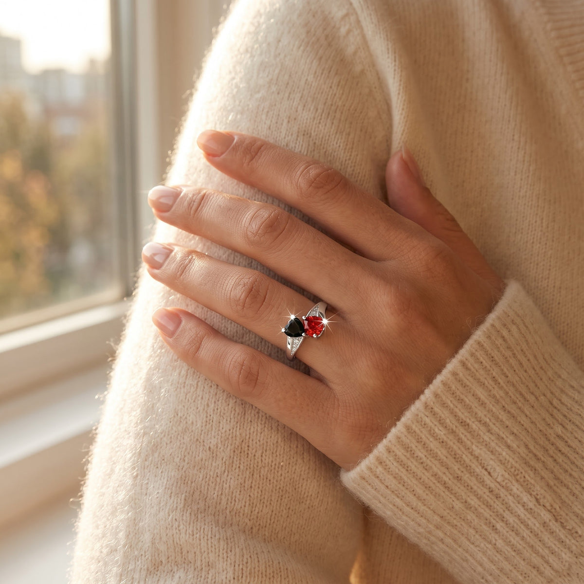 Sterling Silver Black & Red CZ Double Heart Ring worn, lifestyle photo