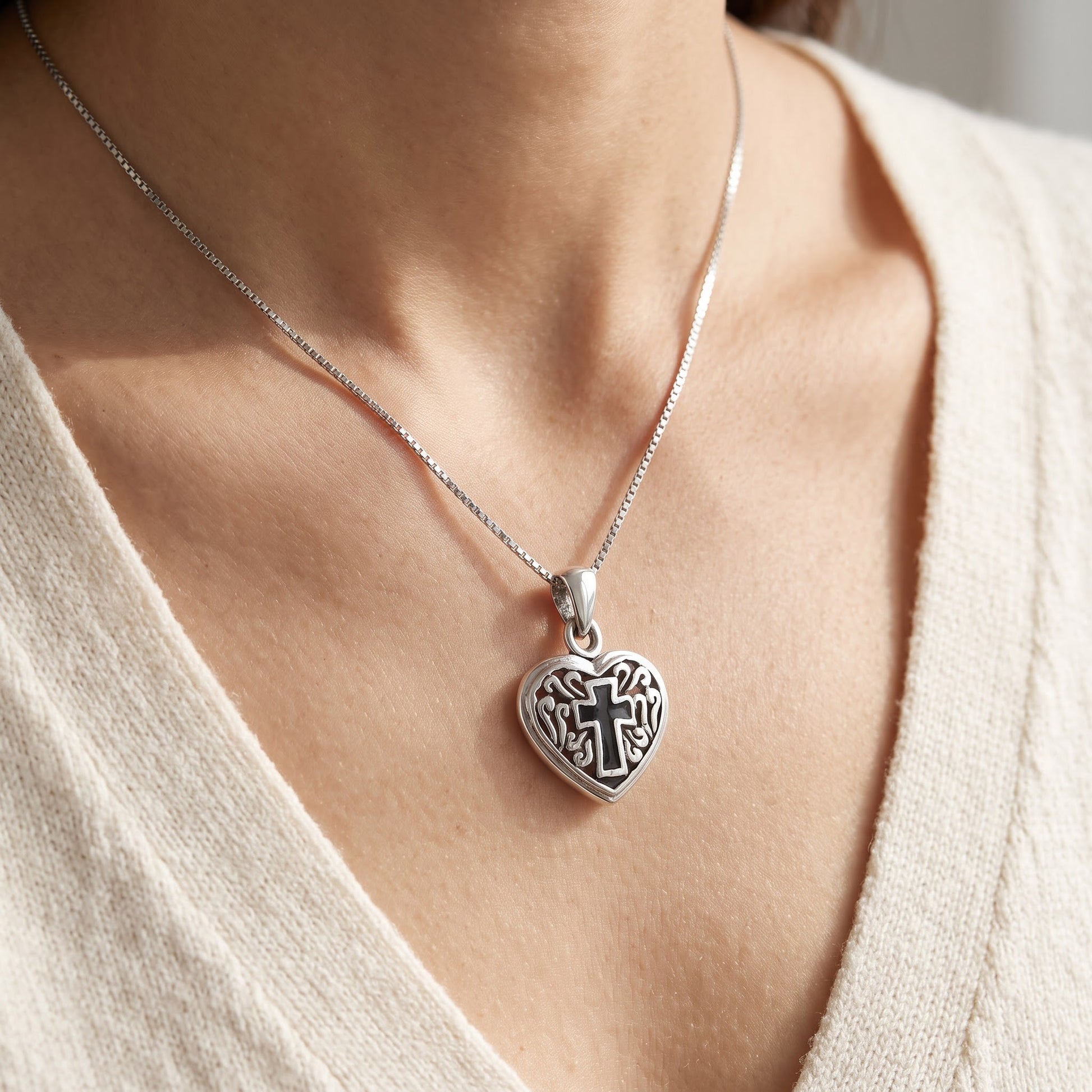 Sterling Silver Black Enamel Celtic Cross Heart Necklace worn, lifestyle photo