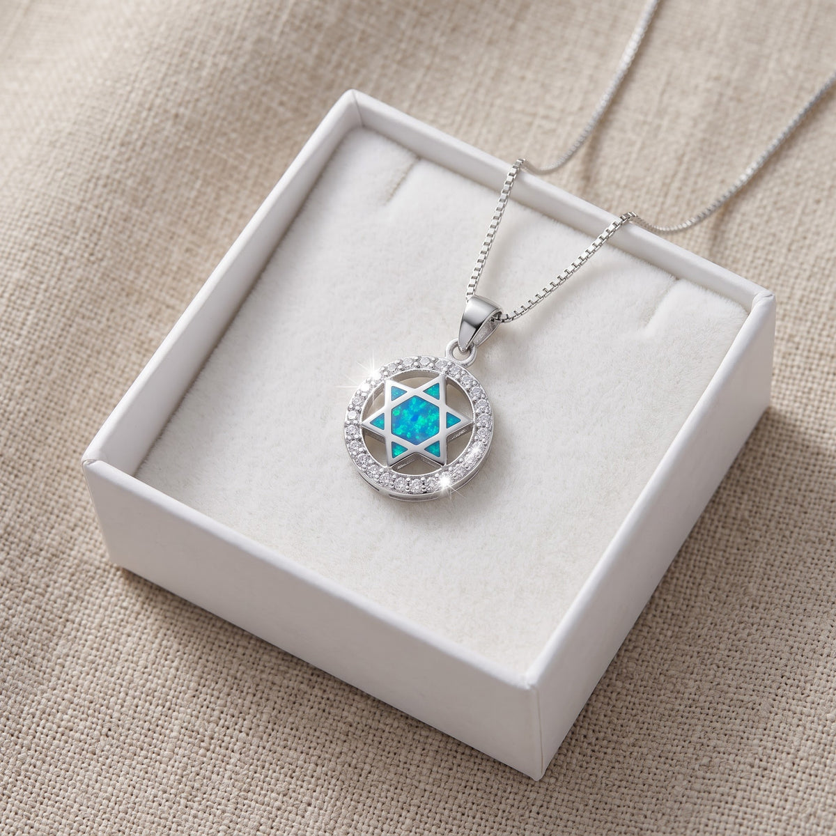 Sterling Silver Blue Created Opal CZ Jewish Star Necklace, 14mm in a white gift box, ready to give