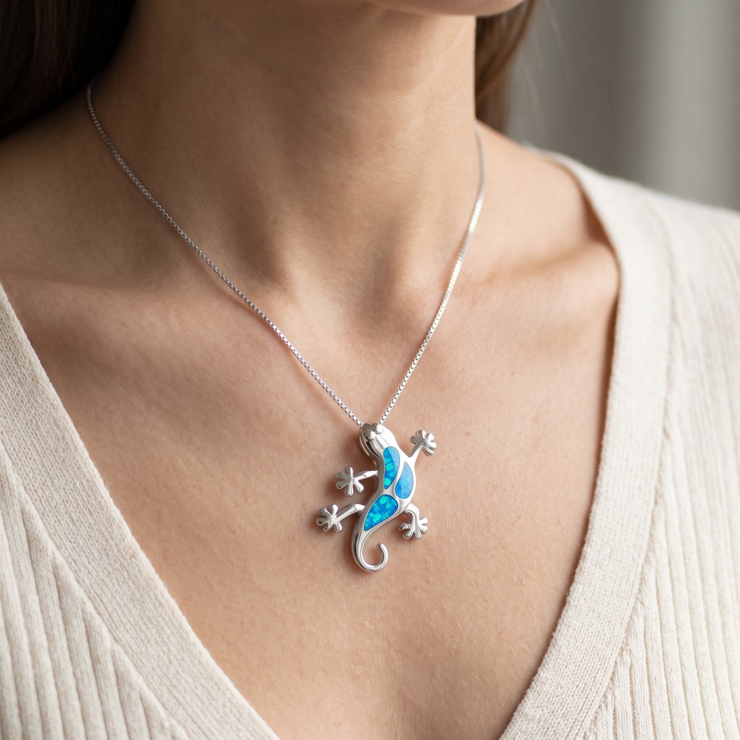 Sterling Silver Blue Created Opal Gecko Necklace - 30mm worn, lifestyle photo