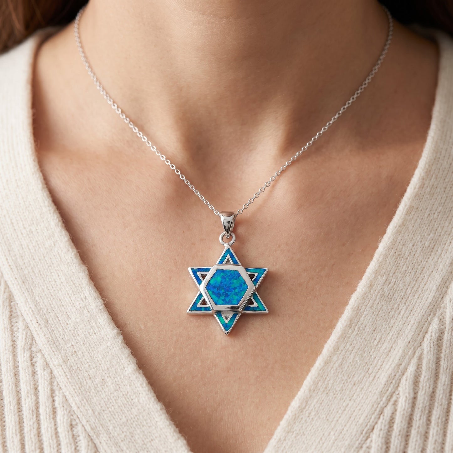 Sterling Silver Blue Created Opal Jewish Star (star of david) Necklace - 24mm worn, lifestyle photo