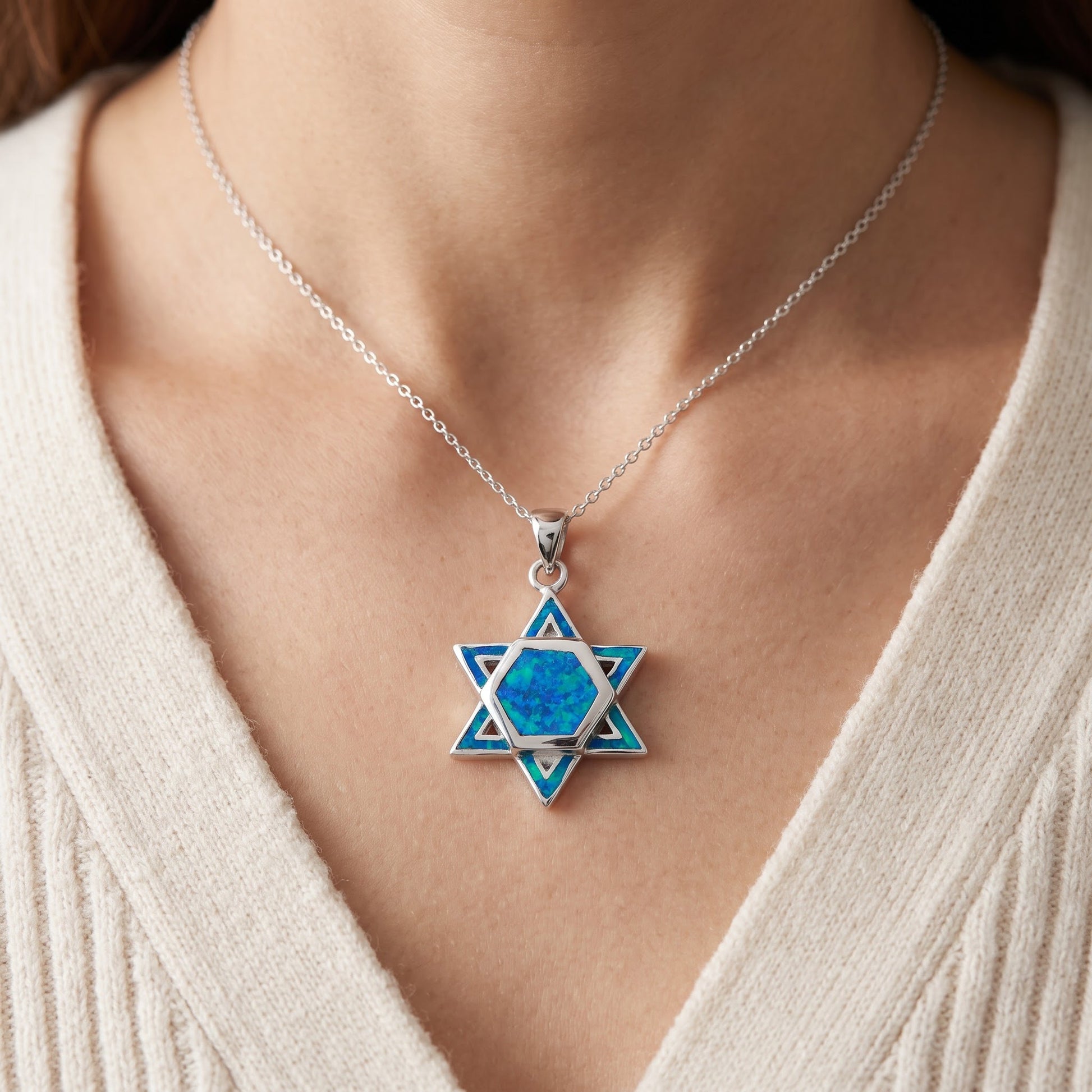 Sterling Silver Blue Created Opal Jewish Star (star of david) Necklace - 24mm worn, lifestyle photo