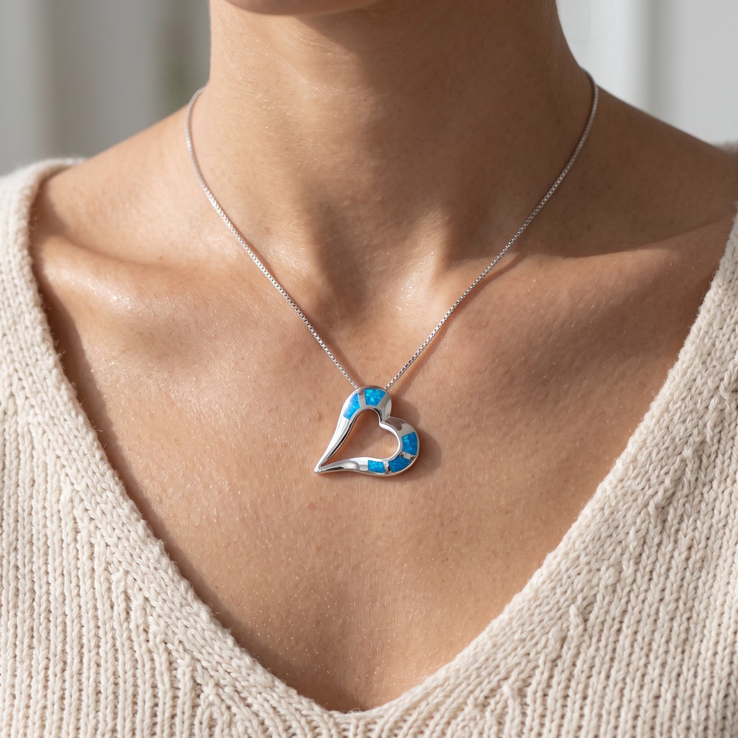 Sterling Silver Blue Created Opal Open Heart Necklace, 21mm worn, lifestyle photo