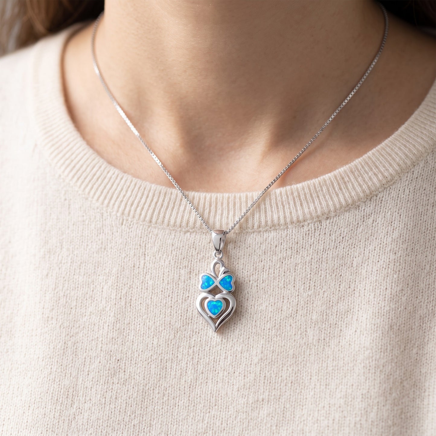 Sterling Silver Blue Created Opal Owl Heart Necklace, 20mm worn, lifestyle photo