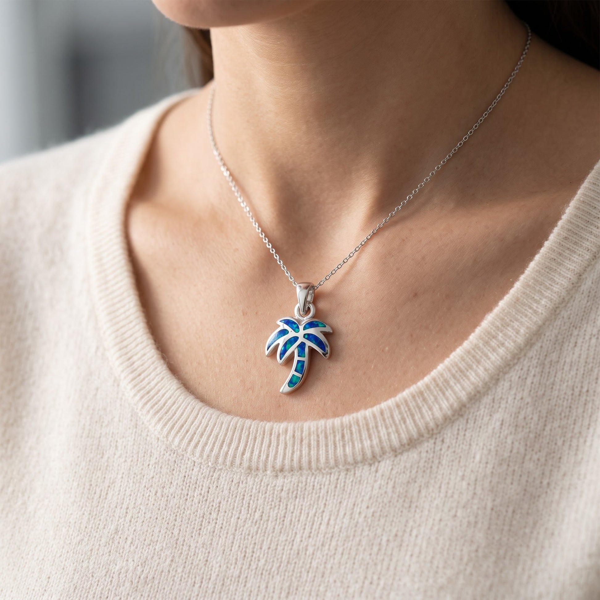 Sterling Silver Blue Created Opal Palm Tree Necklace - 17mm worn, lifestyle photo