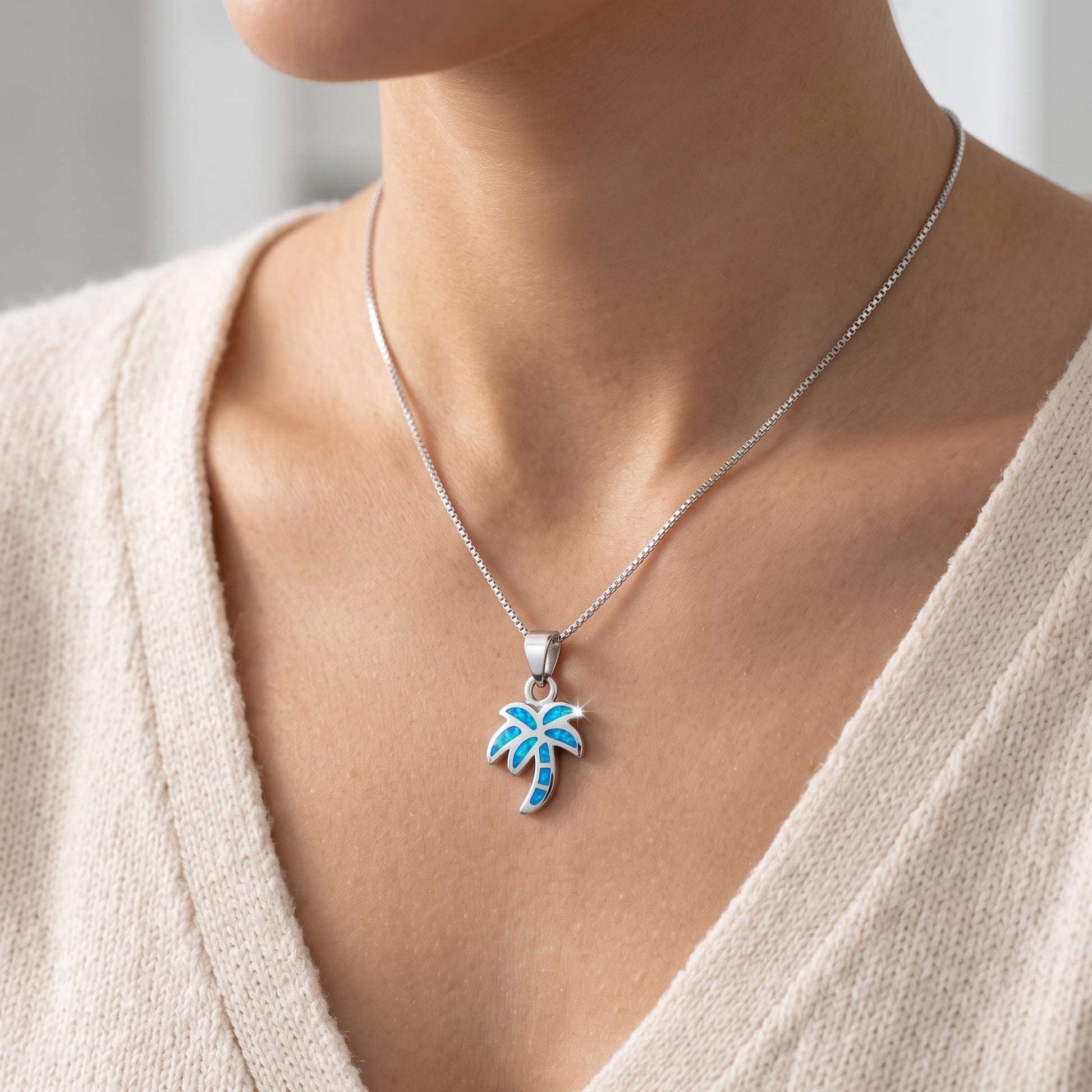 Sterling Silver Blue Created Opal Palm Tree Necklace - 24mm worn, lifestyle photo