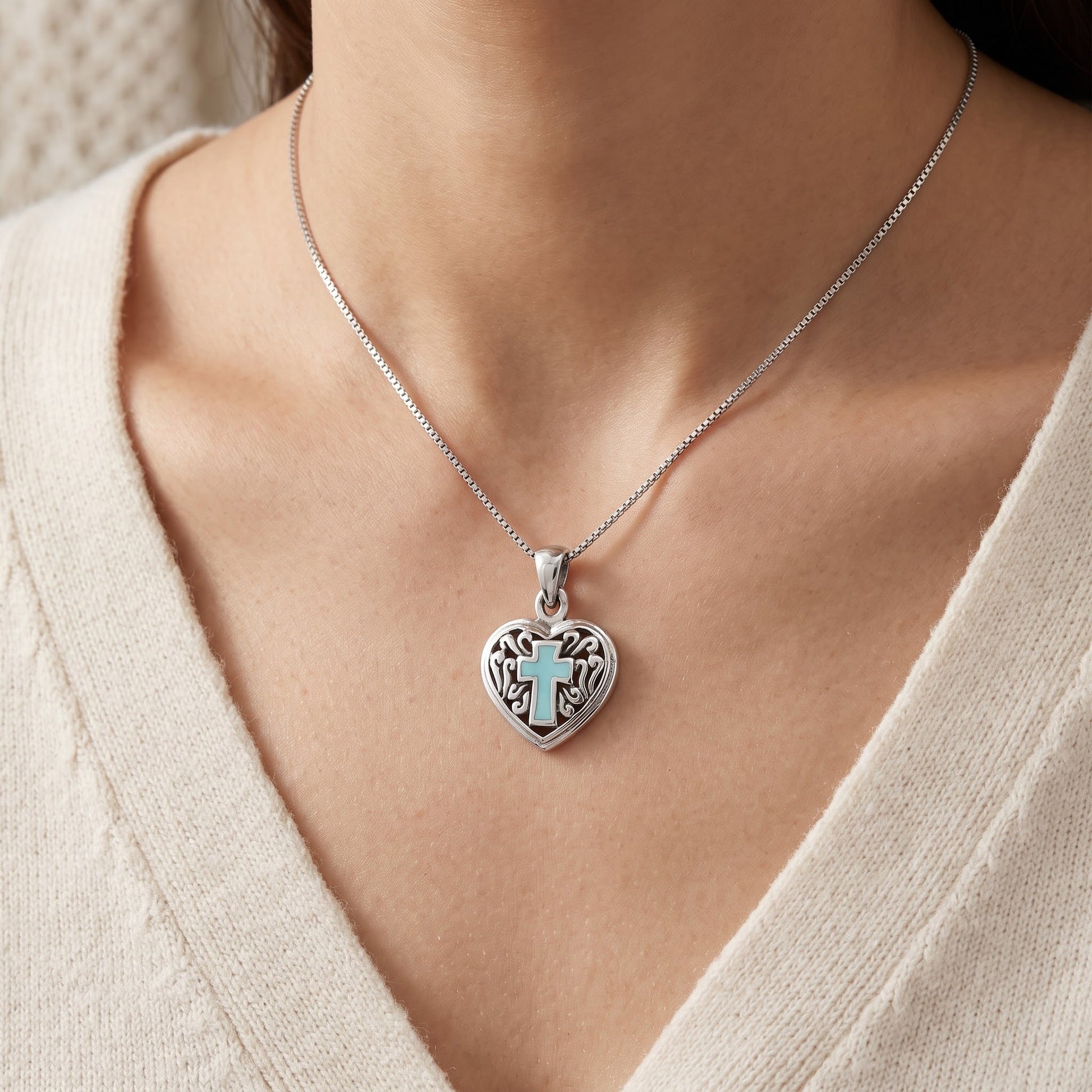 Sterling Silver Blue Enamel Celtic Cross Heart Necklace worn, lifestyle photo