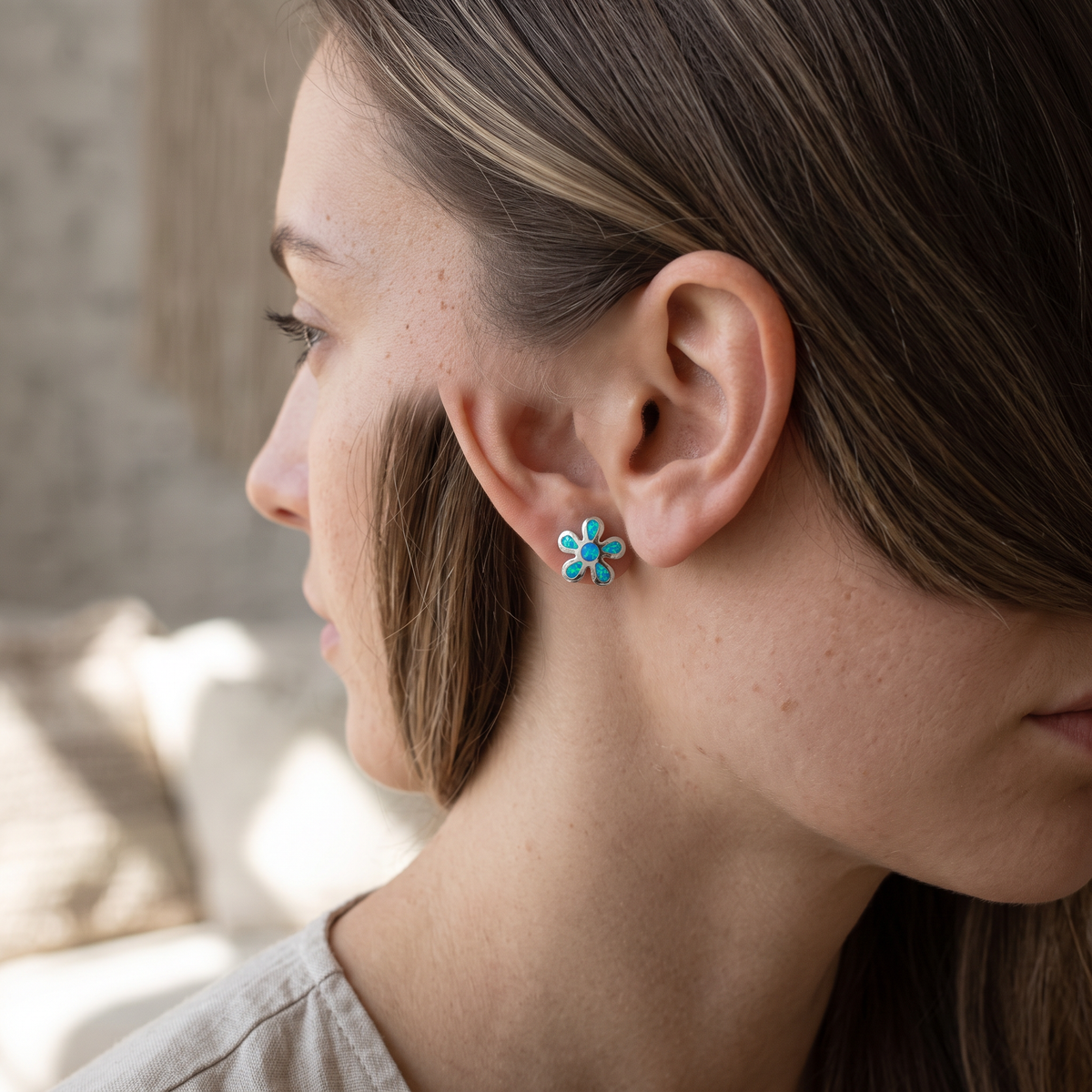 Sterling Silver Girls Blue Lab Opal Plumeria Flower Stud Earrings, 10mm worn, lifestyle photo