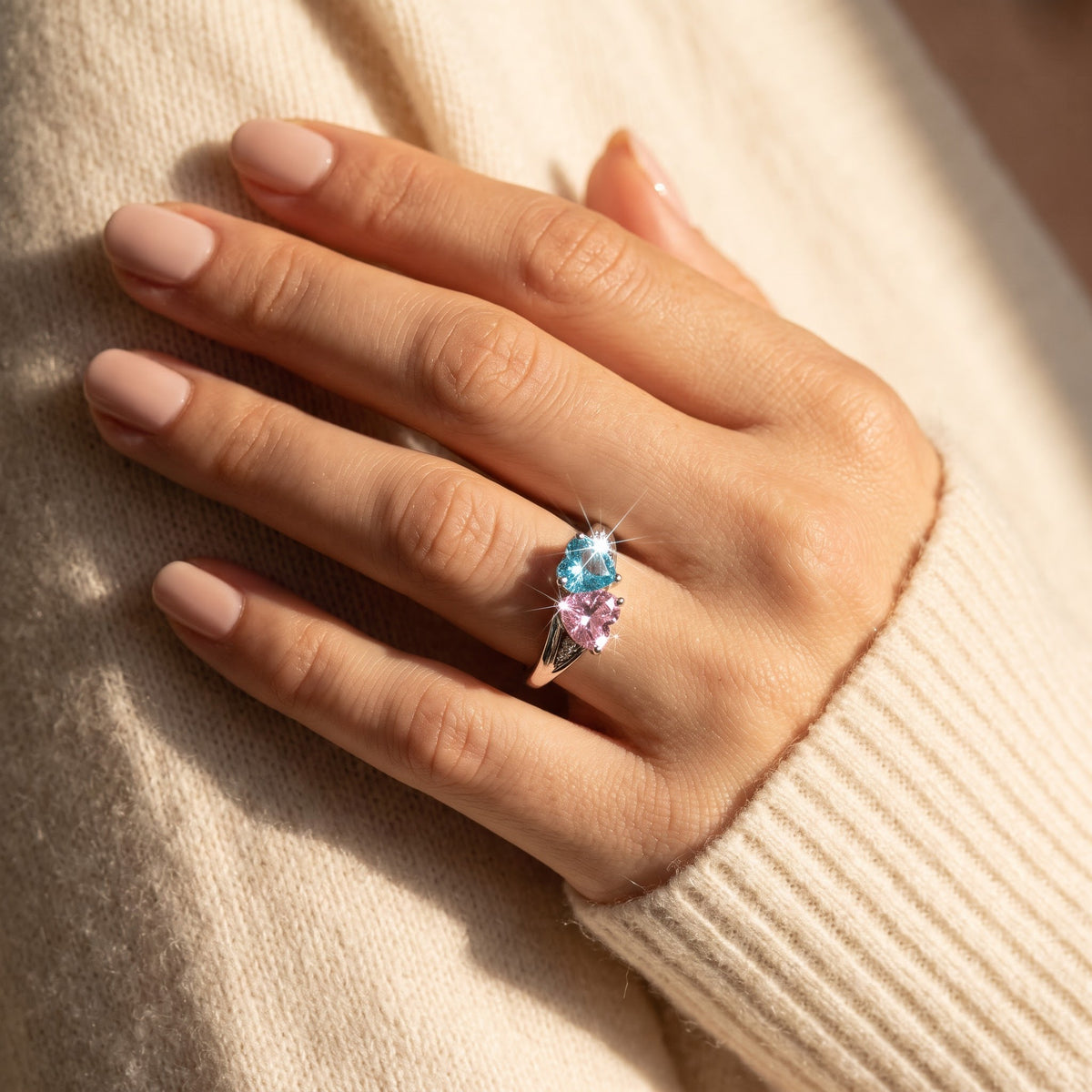 Sterling Silver Blue & Pink CZ Double Heart Ring worn, lifestyle photo