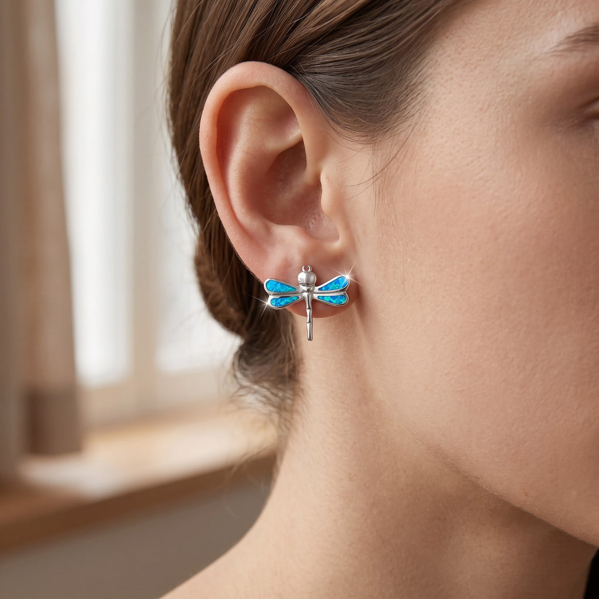 Sterling Silver Girls Blue Created Opal Dragonfly Stud Earrings - 16mm worn, lifestyle photo