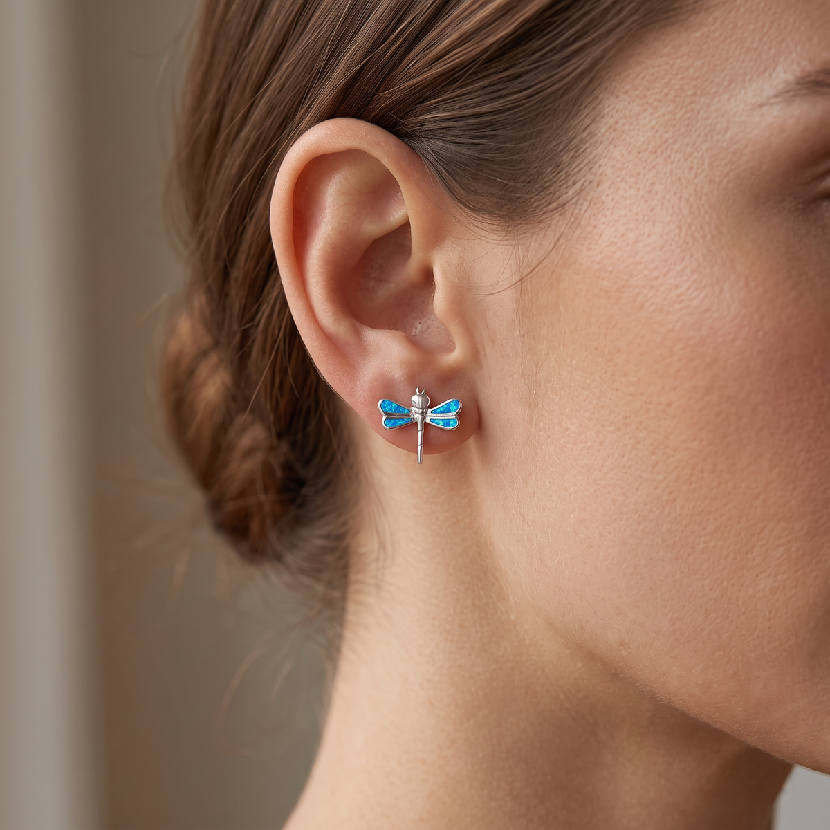 Sterling Silver Girls Blue Created Opal Dragonfly Stud Earrings - 16mm worn, lifestyle photo