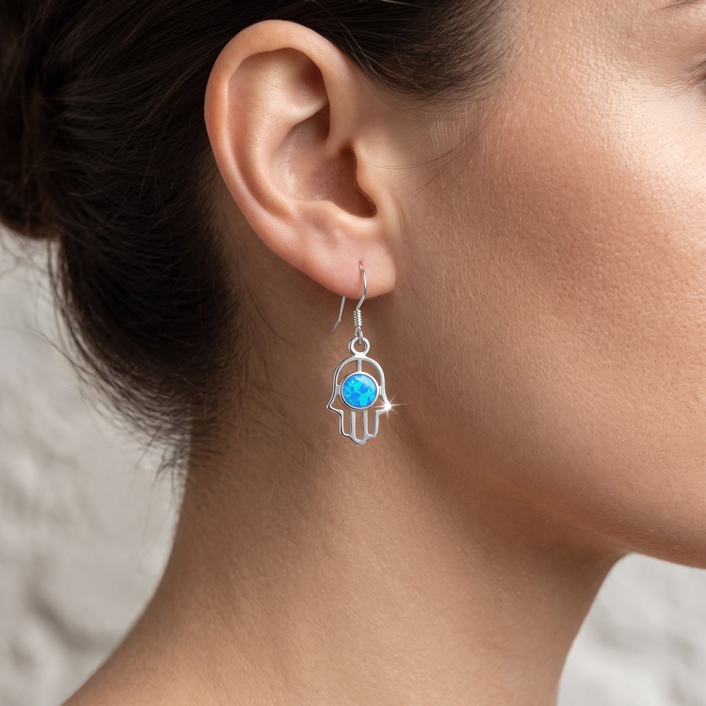 Sterling Silver Girls Blue Created Opal Hamsa Hand of God Fish hook Earrings worn, lifestyle photo