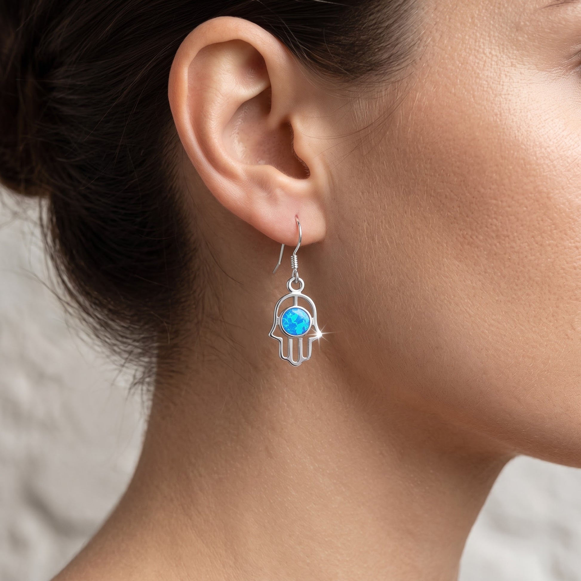 Sterling Silver Girls Blue Created Opal Hamsa Hand of God Fish hook Earrings worn, lifestyle photo