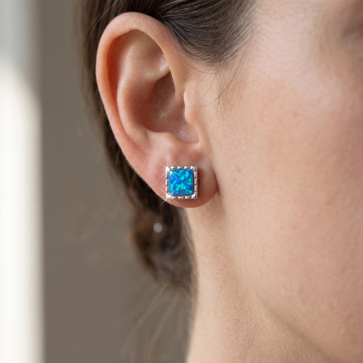 Sterling Silver Girls Blue Created Opal Small Square Stud Earrings, 8mm worn, lifestyle photo