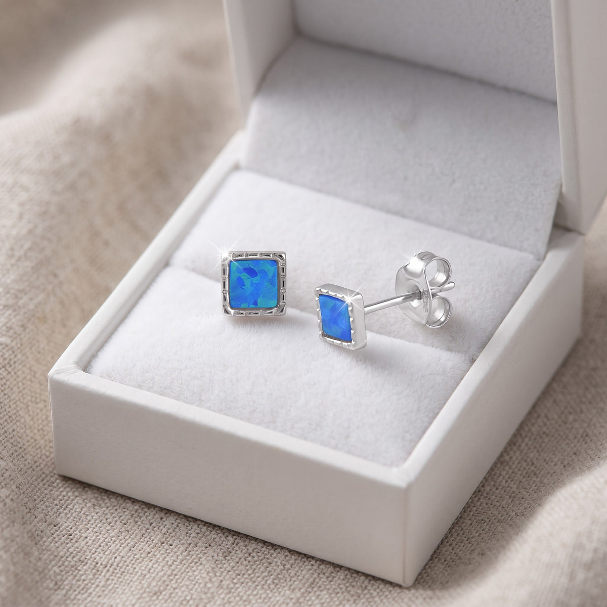 Sterling Silver Girls Blue Created Opal Small Square Stud Earrings, 8mm in a white gift box, ready to give