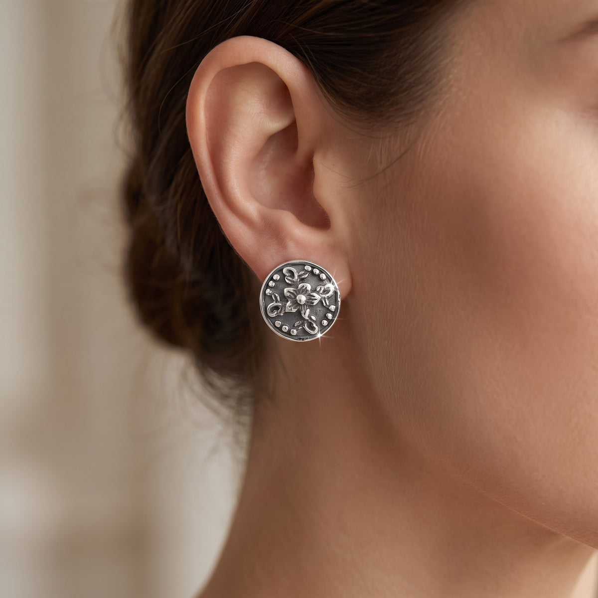 Sterling Silver Boho filigree Flower Stud Earrings worn, lifestyle photo