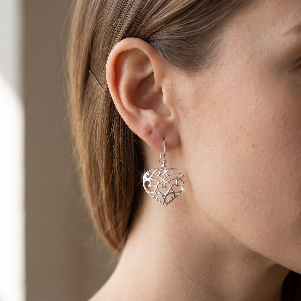 Sterling Silver Ladies Retro Filigree Heart Fish Hook Dangle Earrings worn, lifestyle photo