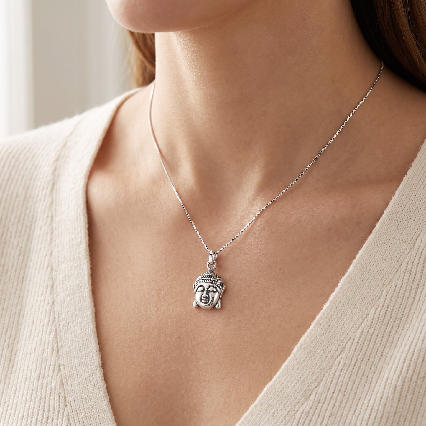 Sterling Silver Buddha Head Charm Necklace, 18" worn, lifestyle photo