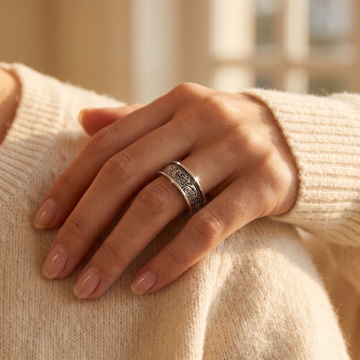 Sterling Silver Carved Great Wave Ring, size 5 worn, lifestyle photo