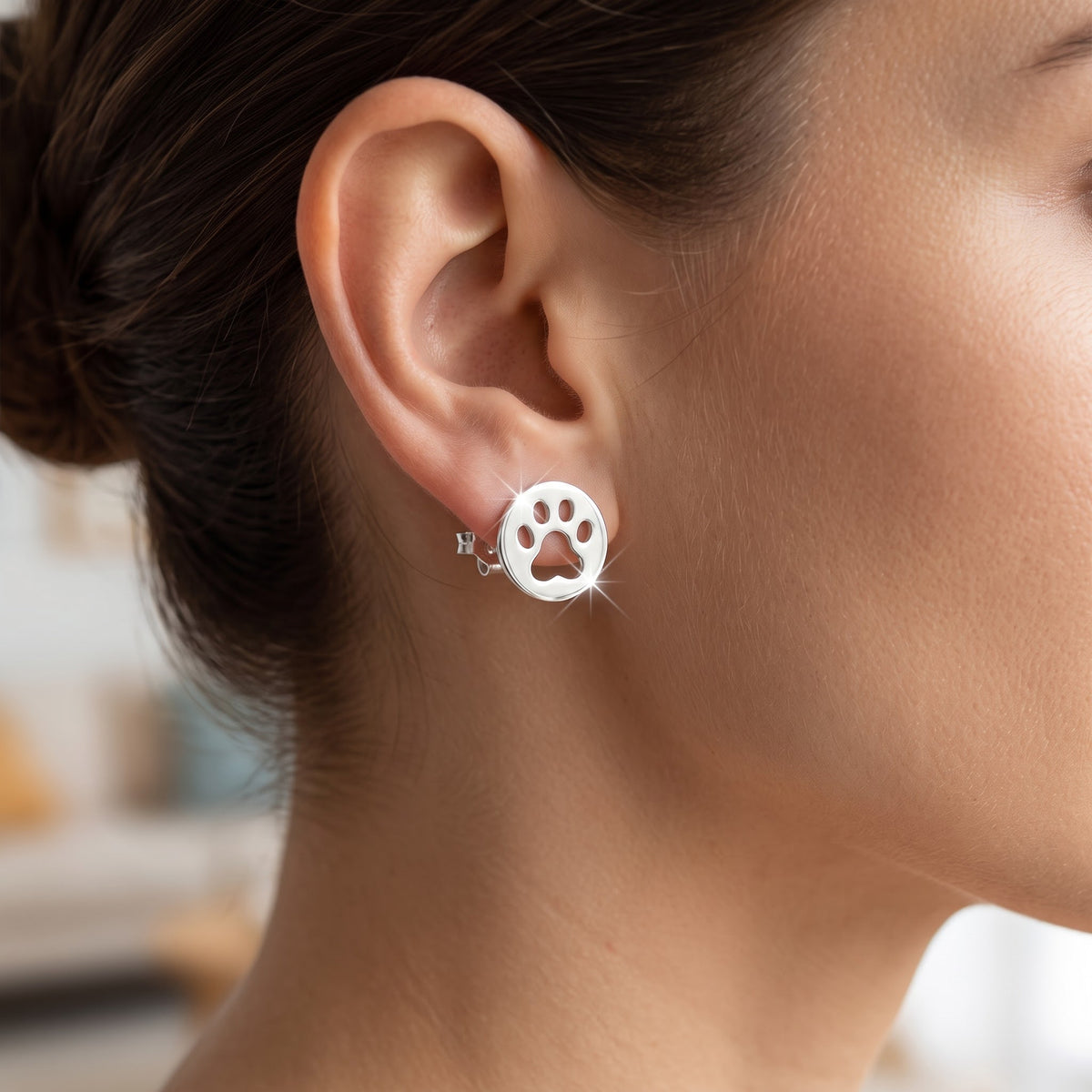 Sterling Silver Girls Dainty Cat Paw Stud Earrings, 9mm worn, lifestyle photo