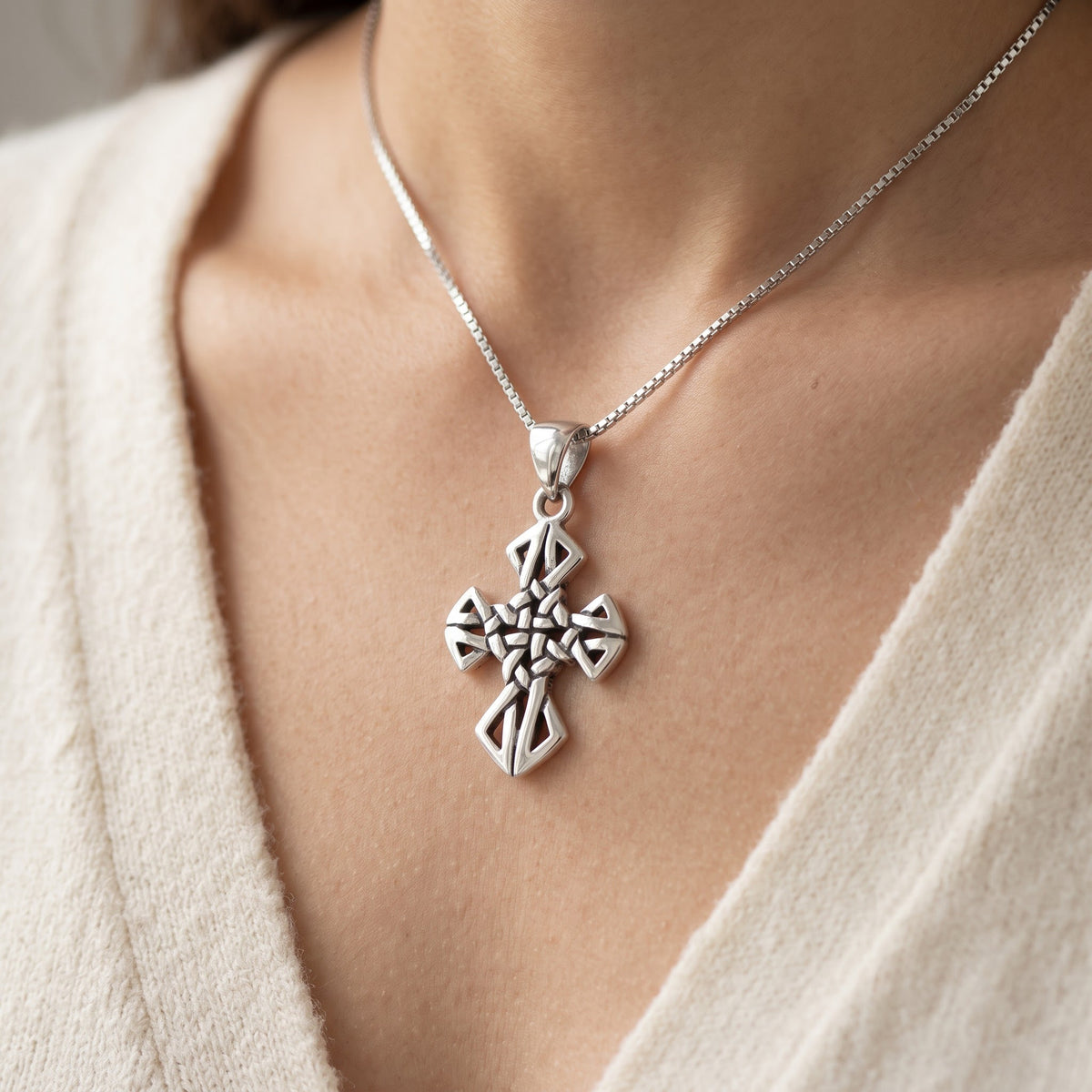 Sterling Silver Celtic Cross Necklace worn, lifestyle photo