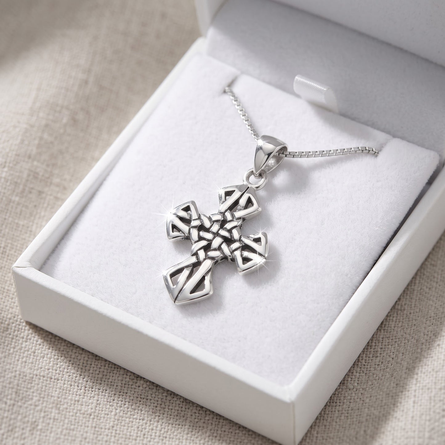 Sterling Silver Celtic Cross Necklace in a white gift box, ready to give