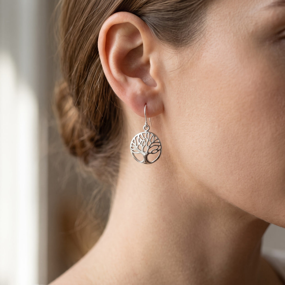Sterling Silver Celtic Tree of life Dangle Earrings, 0.51" worn, lifestyle photo