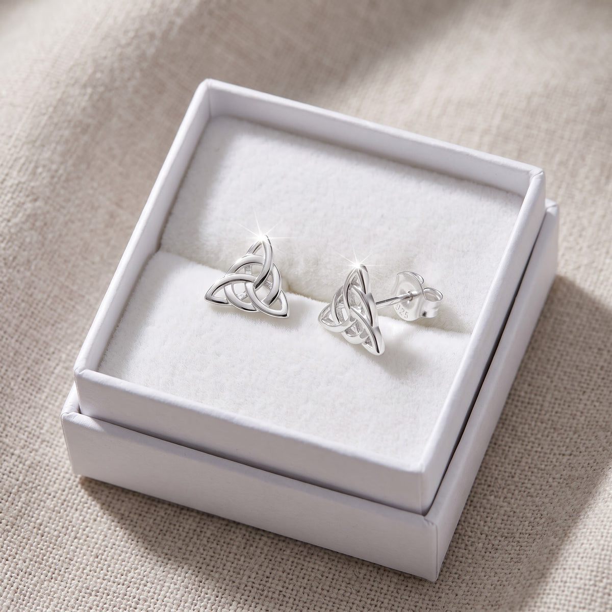 Sterling Silver Celtic Triquetra Stud Earrings, 7mm in a white gift box, ready to give
