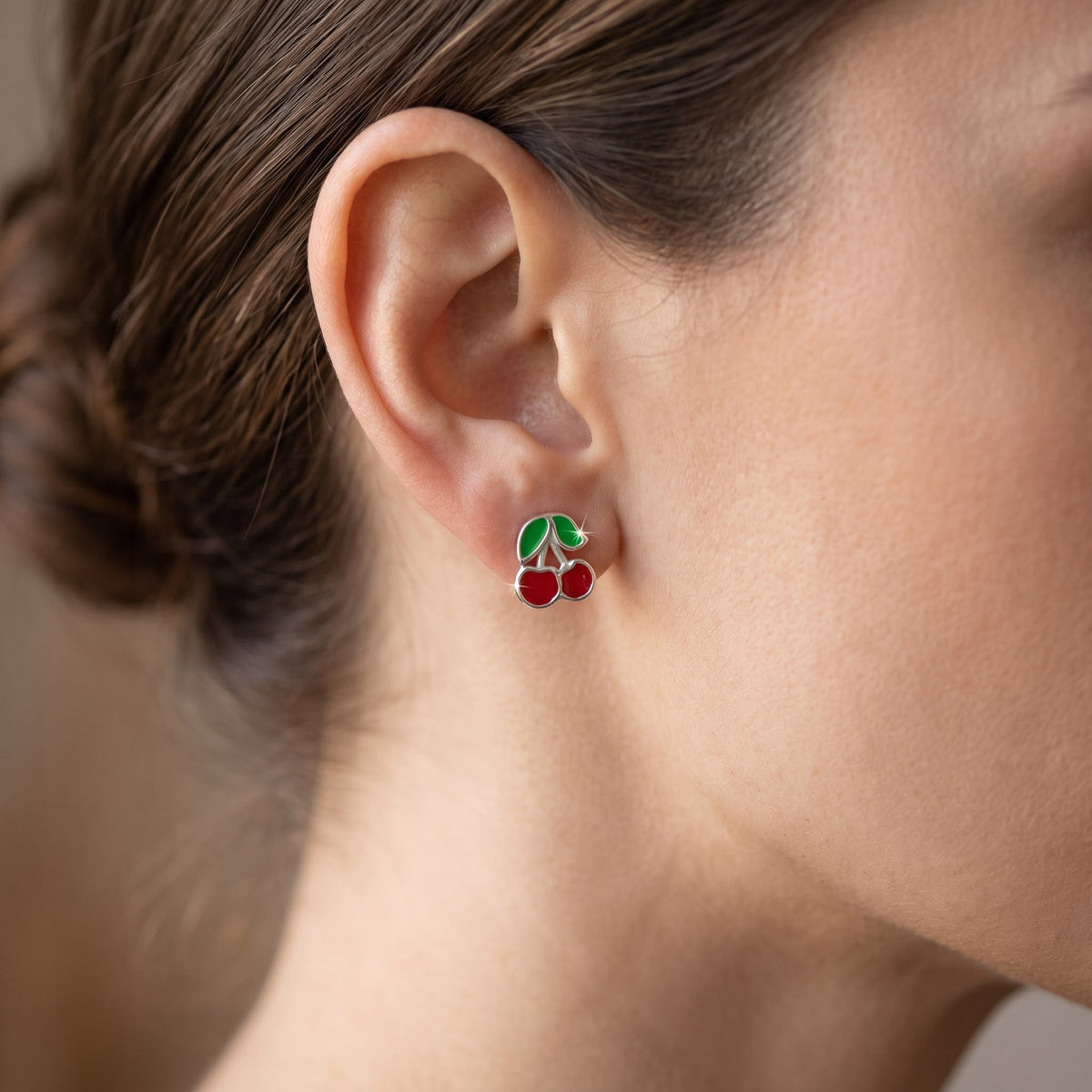 Sterling Silver Women's Dainty Lucky Cherry Stud Earrings, 8mm worn, lifestyle photo