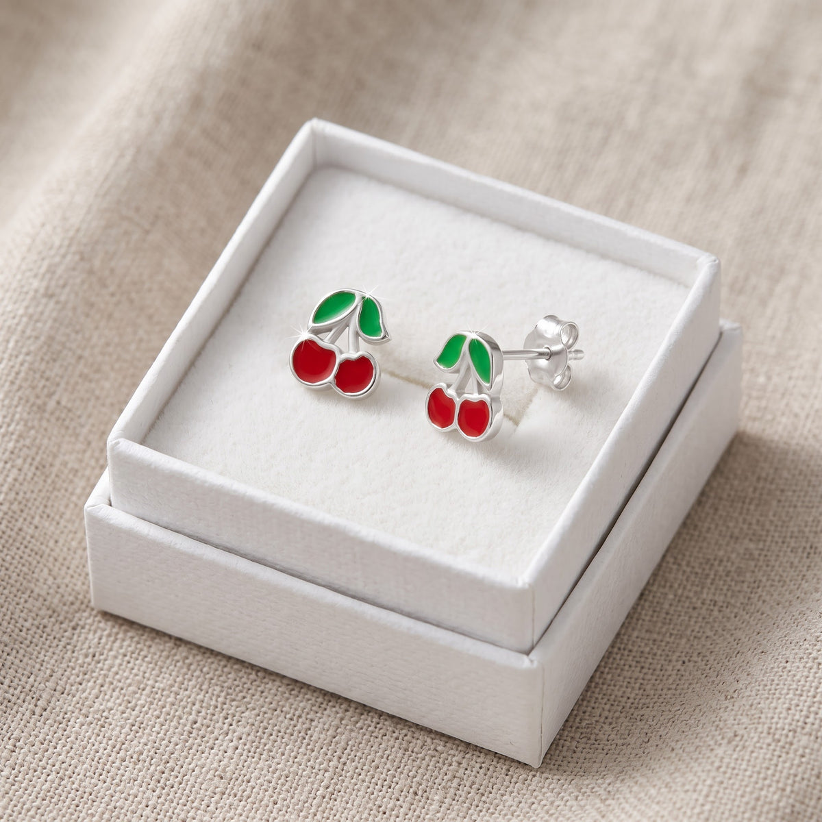 Sterling Silver Women's Dainty Lucky Cherry Stud Earrings, 8mm in a white gift box, ready to give
