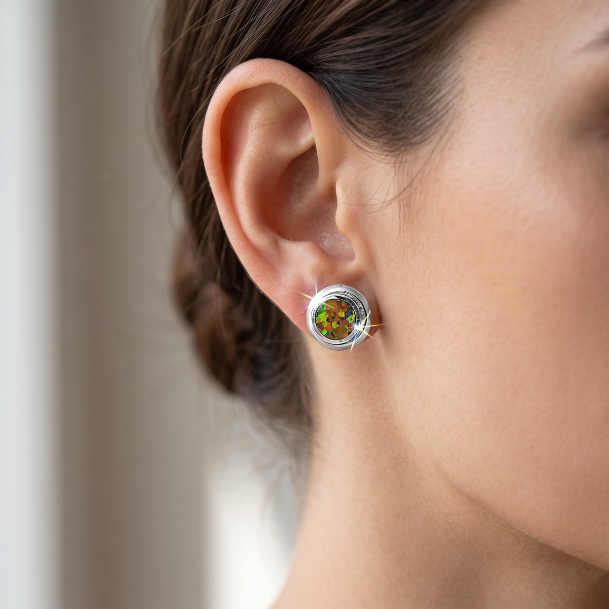 Sterling Silver Girls Created Black Opal Stud Earrings, 9mm worn, lifestyle photo
