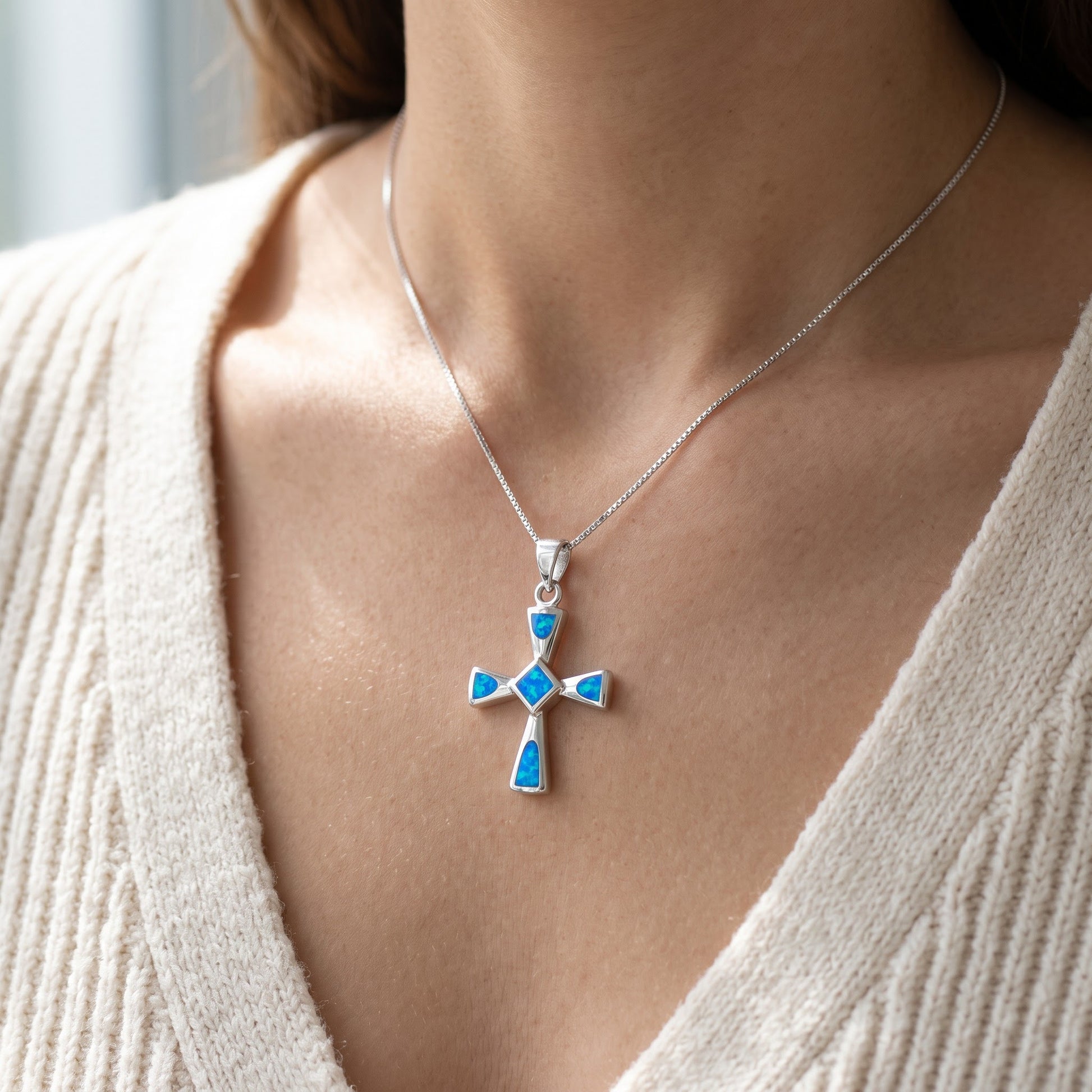 Sterling Silver Created Blue Opal Cross Necklace - 0.9 in/, 23mm worn, lifestyle photo