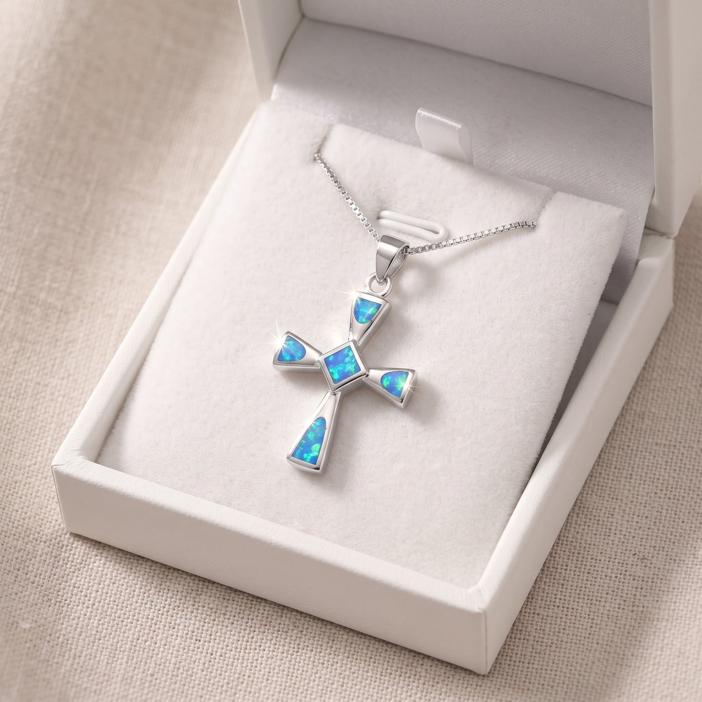 Sterling Silver Created Blue Opal Cross Necklace - 0.9 in/, 23mm in a white gift box, ready to give