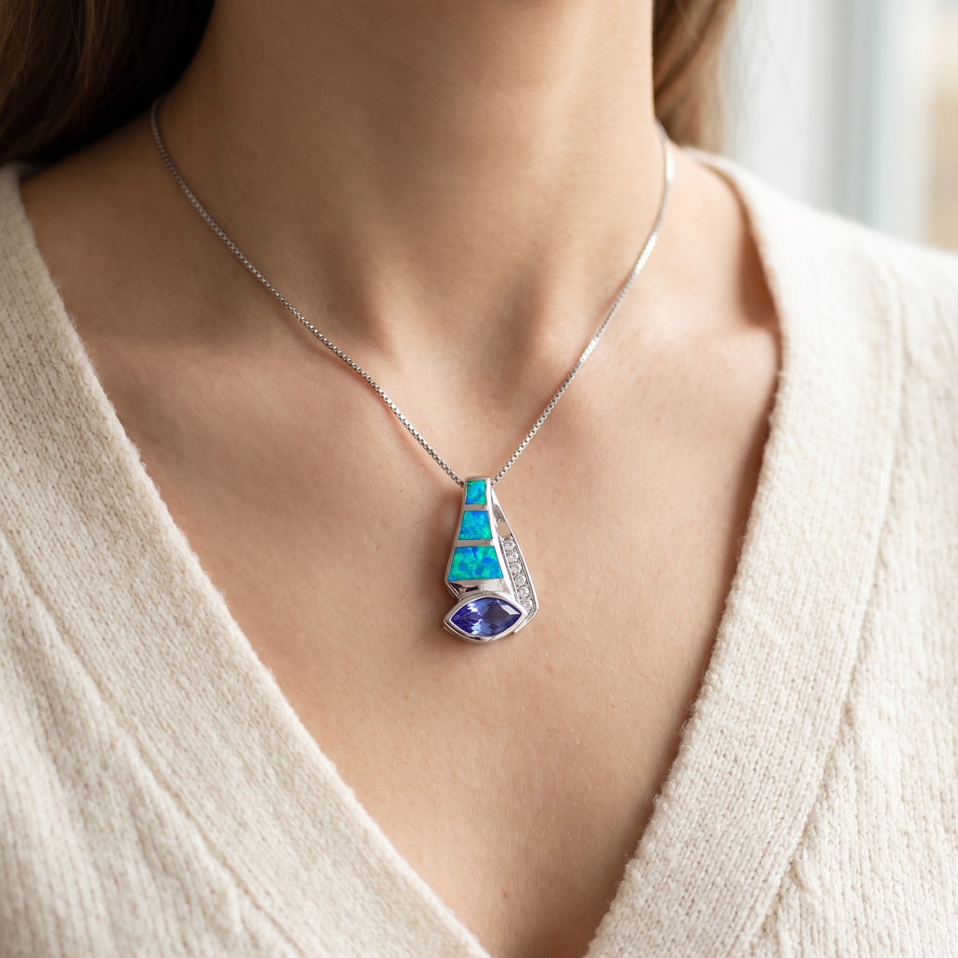 Sterling Silver Created Blue Opal CZ Drop Necklace worn, lifestyle photo