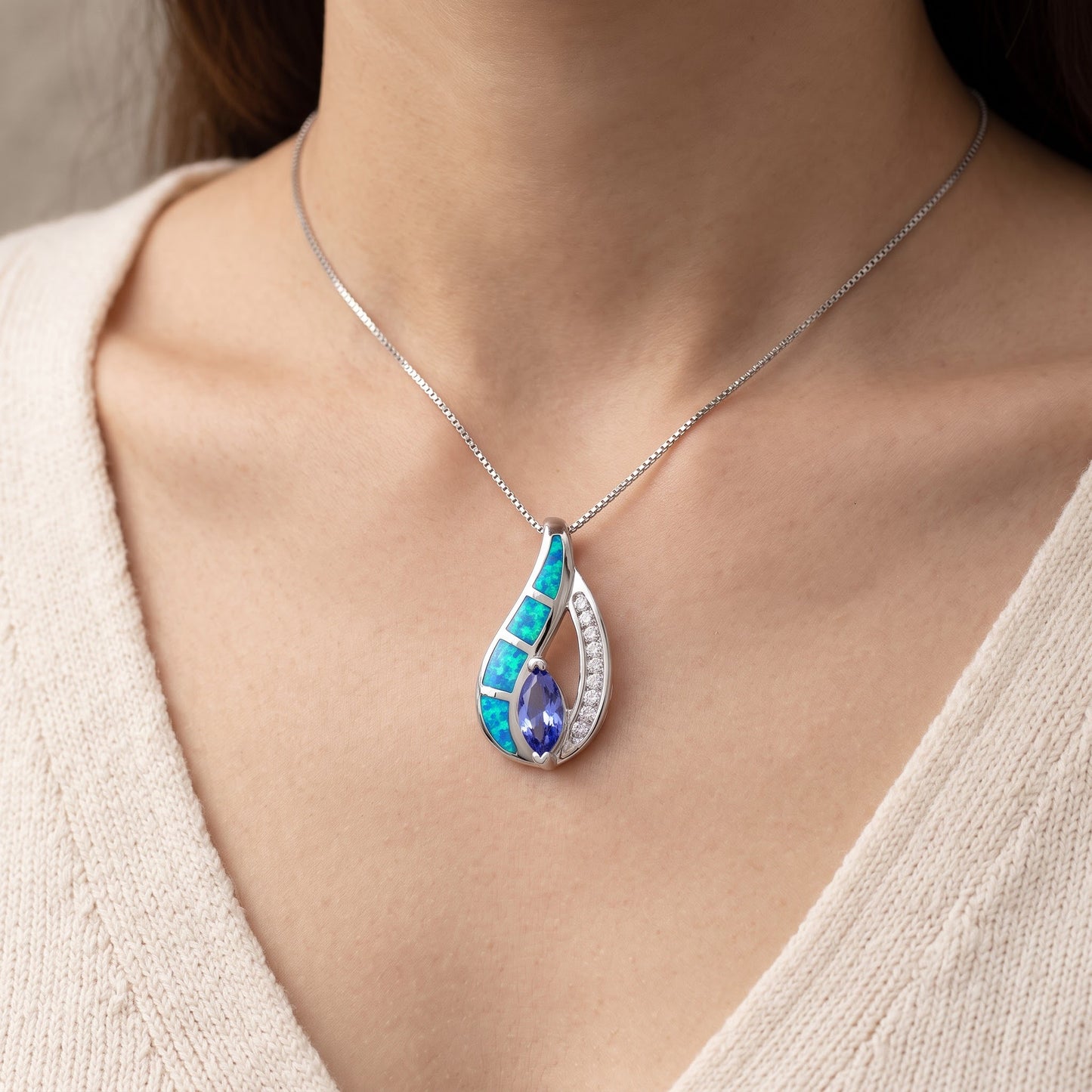 Sterling Silver Created Blue Opal CZ Tear Drop Necklace, 18" worn, lifestyle photo