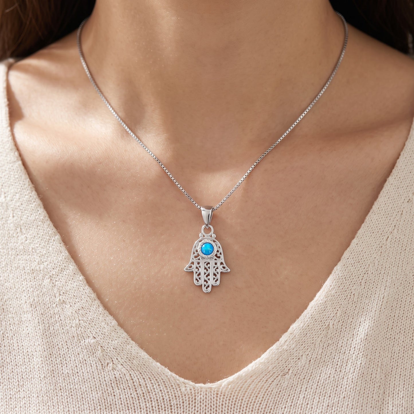 Sterling Silver Created Blue Opal Evil Eye Hamsa Necklace, 18" worn, lifestyle photo