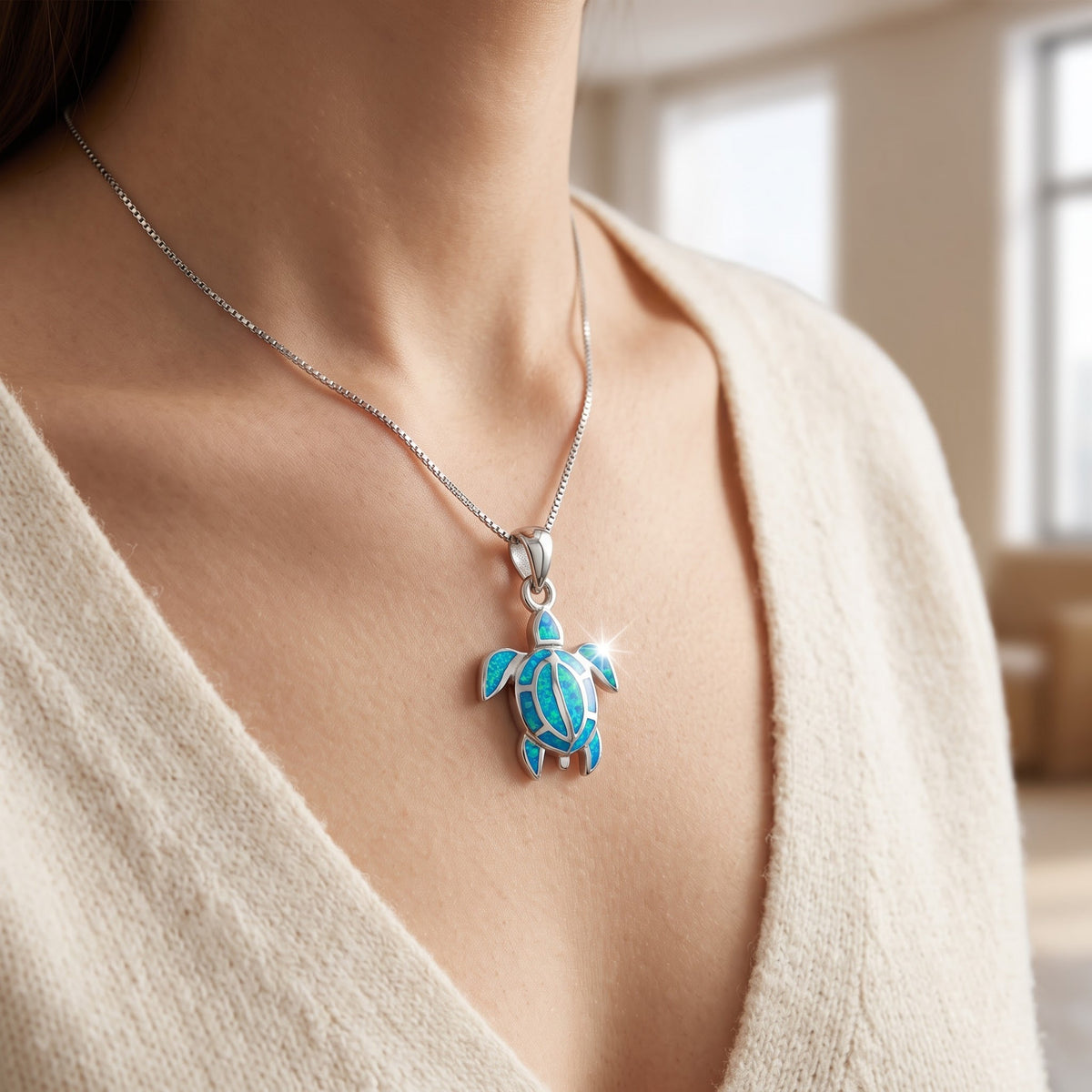 Sterling Silver Created Blue Opal Kemps Turtle Necklace - 20mm worn, lifestyle photo
