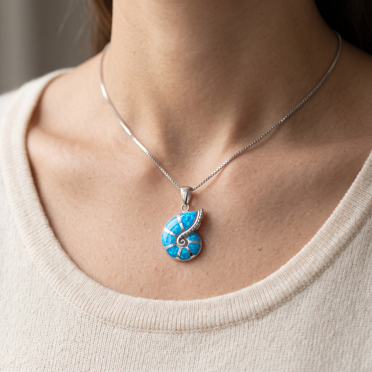 Sterling Silver Created Blue Opal Shell Necklace, 18" worn, lifestyle photo