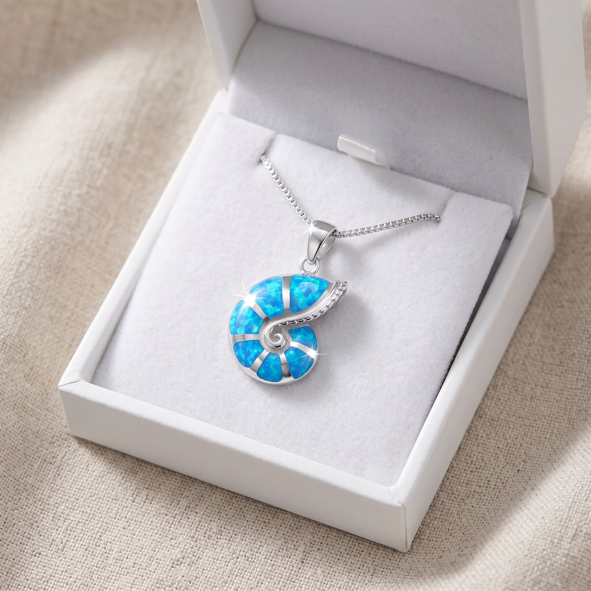 Sterling Silver Created Blue Opal Shell Necklace, 18" in a white gift box, ready to give