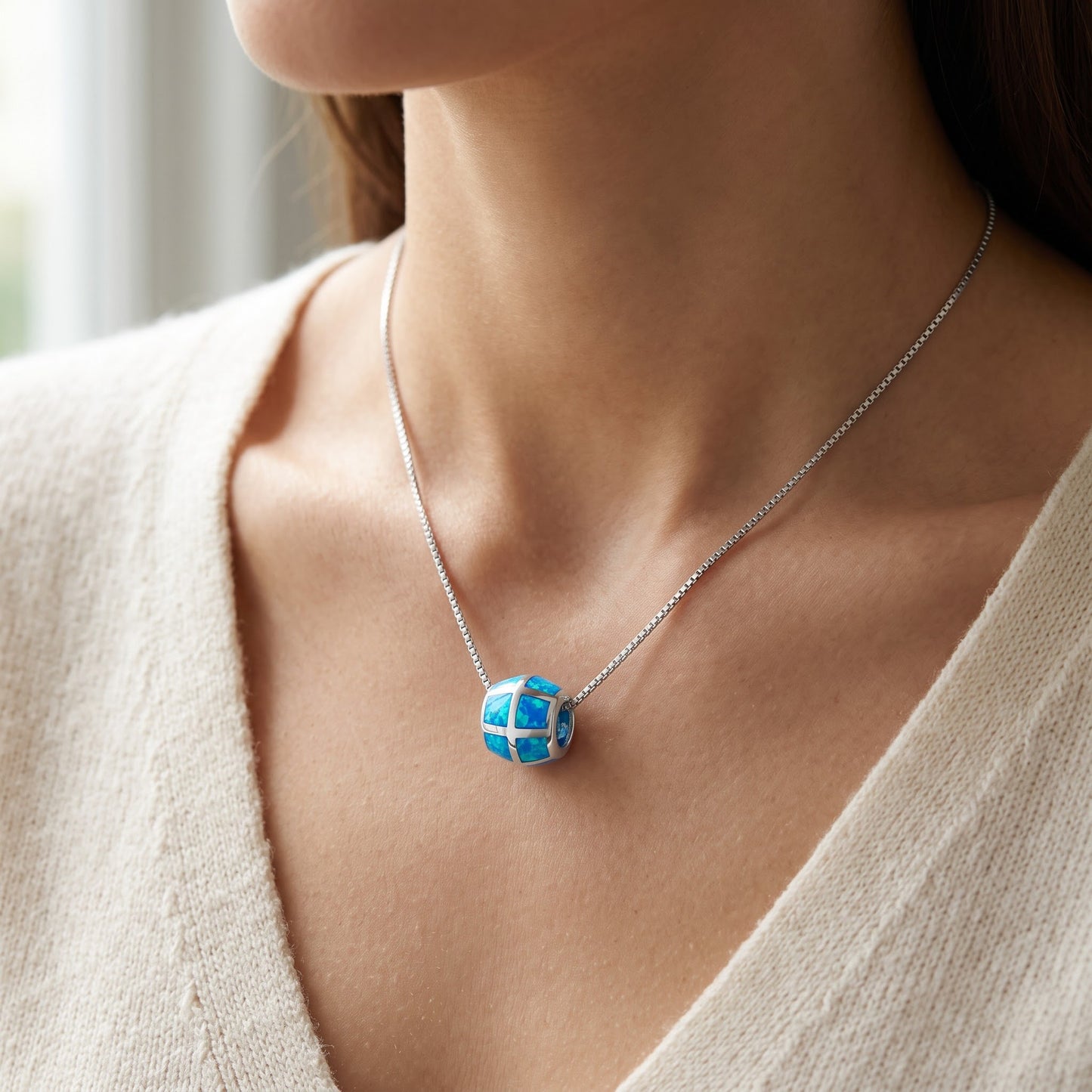 Sterling Silver Created Blue Opal Slider Necklace, 18" worn, lifestyle photo